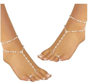 BeeSpring Pearl Anklet Barefoot Jewelry Sandals Beach Chain Toe Wedding Ankle Bracelet Elastic Hand and Foot Chain for Women (2 Sets)