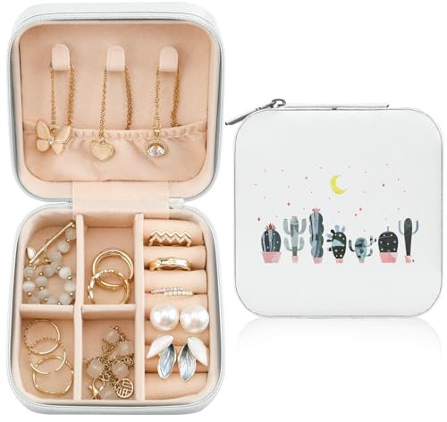 Idocolors Jewelry Box with Cute Cactus Pattern Design, PU Leather Jewelry Travel Organizer Case-Rings/Earrings/Necklace Storage Box for Women Birthday Mom Friends Her Bridesmaids Girls Teenage Gifts