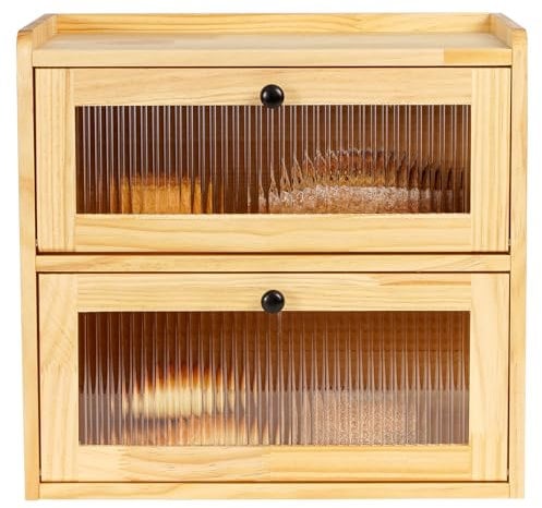 GUUSII HOME Bread Bin Wooden Breads Storage Box for Kitchen Countertop Double Decker Large food Container Homemade Front Opening Vintage Tall Fruit & Veg Cupboard Keep Fresh 36.5x24x34 cm(Yellow, L)