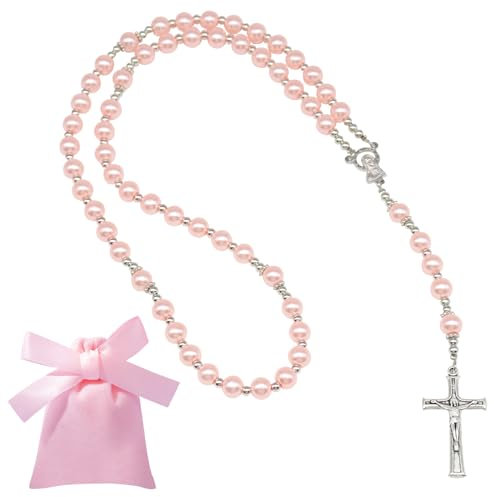 Collier Chapelet Croix Catholique, rose chapelet chretien, Pochette Cadeau en Velours, collier de croix catholique,Croix élégante pour Chrétiens Catholiques Communion Religieuse, Baptême, Messe, Bible