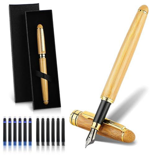 cobee Bamboo Fountain Pen Set, Handcrafted Wooden Fountain Pens with Ink Converter Gift Box and 12 2.6 mm Ink Cartridges Fine Nib Writing Pen Luxury Caligraphy Pen for Writing Journaling
