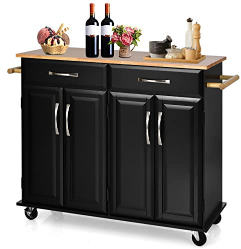 COSTWAY Carro Rodante para Isla de Cocina con Encimera de Madera, Carro Utilitario de Comedor de 4 Puertas con Estantes Ajustables, 2 Cajones Grandes, Toallero, Gabinete con Ruedas (Negro)