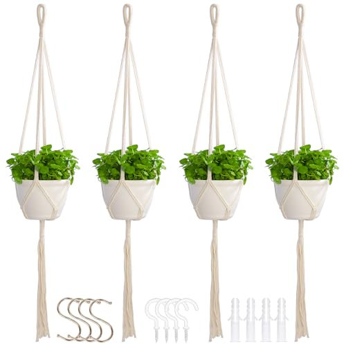 petonfun Macrame Plant Hangers Indoor Macrame,4 Pack Hanging Planter Holder Stand for Window Shelf Outdoor,Ceiling Crochet Handmade Boho Home Decor Set for Hanging Plants Basket Pot,Ivory