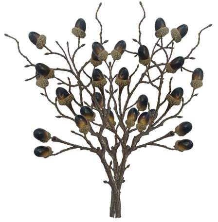 LEMCC 4 Stück Künstliche Eichelzweige, Künstliche Eichenzweige aus Kunststoff mit 7 Eicheln, Künstliche Eichenzweige für Vasen, Künstliche Obstzweige, Rustikale Beerenstiele Als Dekoration für(Braun)