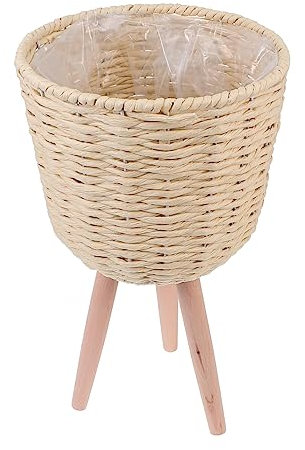 KONTONTY Support De Plante Bois Et Rotin Tissé Pot De Fleurs Sur Pied Style Naturel Pour Intérieur Et Extérieur Balcon Salon Bureau Cache-pot Décoratif