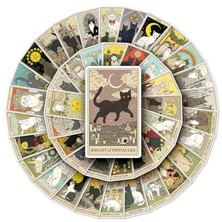 Litinliv Retro Aufkleber, 78 Stück Katzen Tarot Aufkleber, Wasserdicht Cartoon Katze Tarot Dekorative Sticker, für Sammelalbum, Laptop, Gepäck, Skateboard, Wasserflaschenr, Gitarre