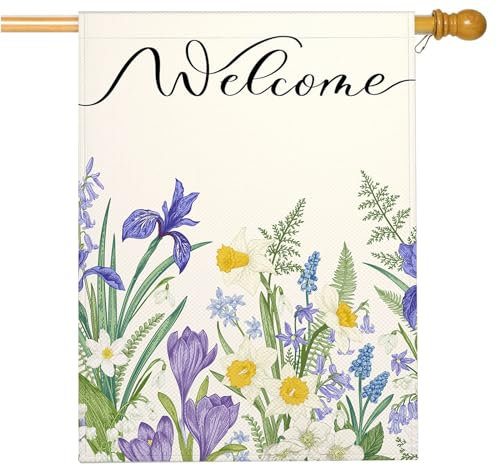 Mugod Iris Flowers House Flag Double Sided 28 x 40, Meadow Flower Leaf Branch Plant Iris Bell Burlap Large Flag House Seasonal Farmhouse Outside Outdoor Decoration
