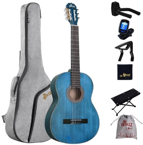Winzz Chitarra Classica 4/4 Principianti per Adulti e Bambini 12+ Anni, Kit Chitarra Acustica Spagnola 8 Accessori con Poggiapiedi, Porta da Muro, Corde di Nylon (39 Pollici, Opaco, Blu)