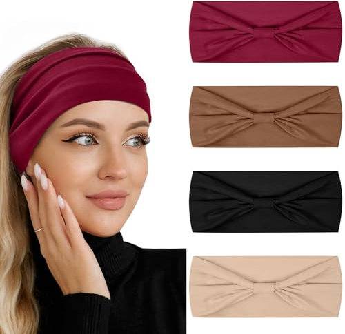 Flintronic 4 PCS Sports Damen Stirnband, Baumwollstretch Schweißband Mischfarben, Wicking Stretchy Stirnband für Frauen Sport/Yoga/Laufen/Fitness