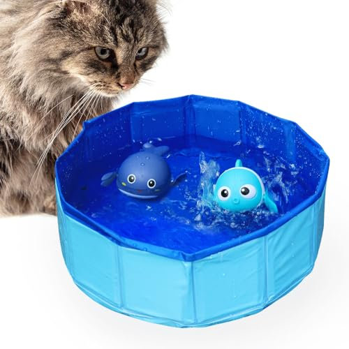 WALLFID Jouets Aquatiques pour Chats, Piscine Pliable, Jouet Interactif avec 2 Poissons, Idéal pour Chats d'Intérieur Qui S'Ennuient