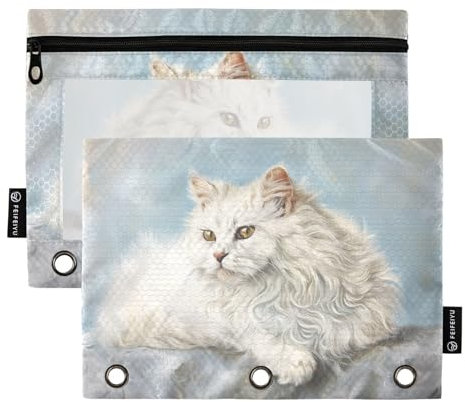 Fustylead Schönes Angora-Katzen-Ölgemälde-Federmäppchen mit transparentem Fenster für 3-Ringbinder, Reißverschluss-Federmäppchen, Kosmetiktaschen für Büro-Kosmetikbedarf, 2 Stück