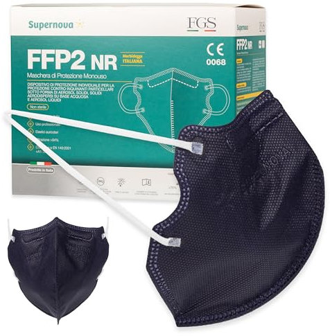 FGS - 50 Mascherine FFP2 Bianche, Nere e Blu Scuro - Made in Italy - Certificate CE - Filiera Controllata, Anallergiche, con Elastici Comodi e Resistenti - Buste Singole e Sigillate (Blu)