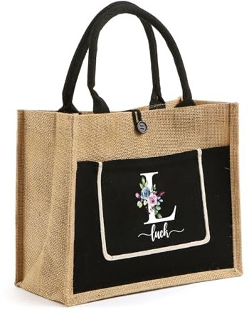 Jeweidea Personalisierte Jutetasche Gravierte Namen und Großbuchstaben Damen Tote Bag Tragetasche Einkaufstasche Shopper für Picknick Camping Strand Hochzeit Personalisiertes Geschenk (Schwarz)