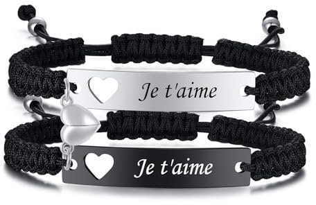 Bracelet de Couple Amoureux Personnalisé : Gravure 'Je t'aime', 2pcs Bracelets Réglable en Cordon Tressé pour Femmes Hommes, Cadeaux Romantiques, Saint Valentin Mariage