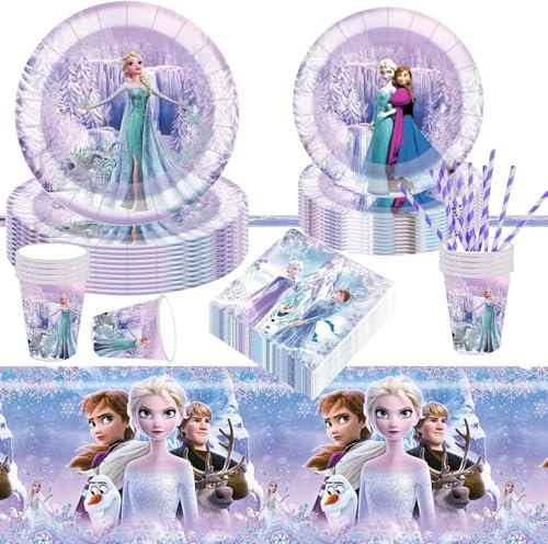 61 Stück Frozen Partygeschirr Set,Frozen Geburtstagsdeko,Frozen Party Supplies,Frozen Birthday Party,Kindergeburtstag Party Tableware Supplies für Mädchen Eiskönigin Geburtstagsdeko,Party Deko