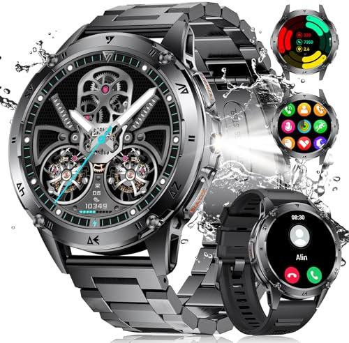 SUNKTA Smartwatch Uomo, 1.43 AMOLED Orologio Smartwatch con Torcia LED 530mAh 5ATM Impermeabile Chiamate, 120+ Modalità Sportive Fitness Tracker Smart Watch Militare per Android iOS