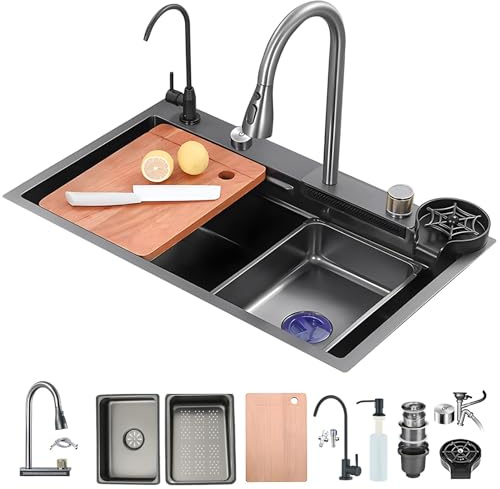 Grifo Cascada Fregadero Con Pantalla, Fregadero Con Nanorrevestimiento, Fregadero De Cocina Con Cascada, Tabla De Cortar Deslizante Y Lavavajillas De Alta Presión(Black-Grey#2,85x50cm)