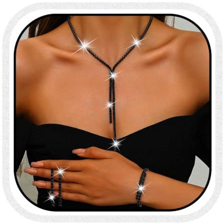 Reaky Brautschmuck-Set, silberne Strass-Ohrringe und Halskette, funkelnde Hochzeits-Halsketten-Sets, Abschlussball-Schmuck für Frauen (3er-Pack) (Schwarz)