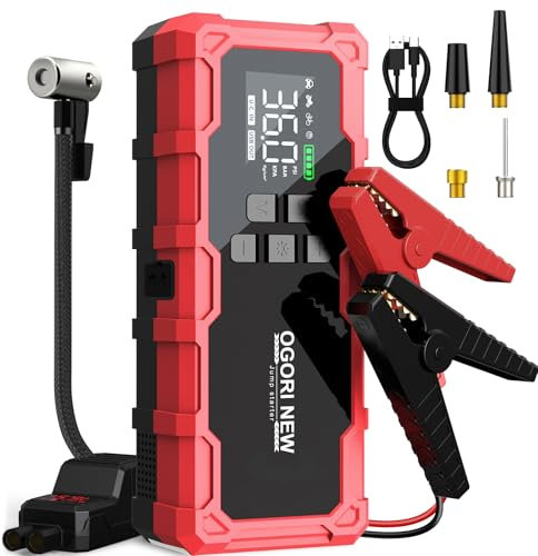 OGORI New Booster Batterie Voiture 6000A, Démarreur de Voiture(8.0L Diesel/10.0L Gaz) avec Gonfleur Pneus Voiture,12V Jump Starter avec Port de Charge USB,lumière LED,Pince Intelligente avec Écran