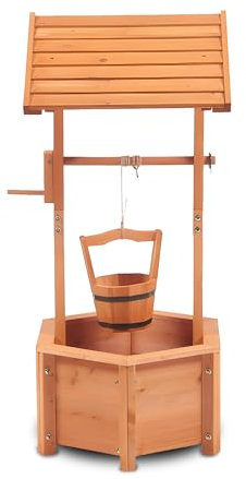 M&H Wooden Wishing Well Planter with Hanging Bucket and Trellis for Outdoor Use – Large Rustic Wooden Planter Box Garden Wishing Well Flower Pot Holder for Patio Lawn & Yard Garden Decor (Natural)