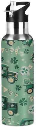 Mexpekil Vintage Green Trucks Clover 600ml Insulated Water Bottle with Straw Lid Stainless Steel Thermos Bottle Vacuum Flask Leakproof Travel Sports Water Bottles for Running Cycling Hiking
