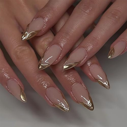24PCS Almond False Nails Short - French Gold Edge False Nails - Elegant Press on Nails - Fake Nails with Glue - Full Cover Acrylic Almond False Nail Tips for Women Girls Nail Art