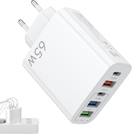 BOULESENM Cargador de 65 W, Cargador rápido Multi USB PD y QC3.0, Cárgador de Fuente de Alimentación con Conector USB C de 65 W y 5 Puertos, Toma USB, Cargador Universal