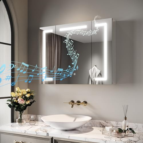 SIRHONA Armoire de Salle de Bain avec Miroir 80x60cm, Armoire de Toilette Miroir et LED éclairage avec Prise, L'installation cachée est Possible, Armoire à Pharmacie avec Bluetooh