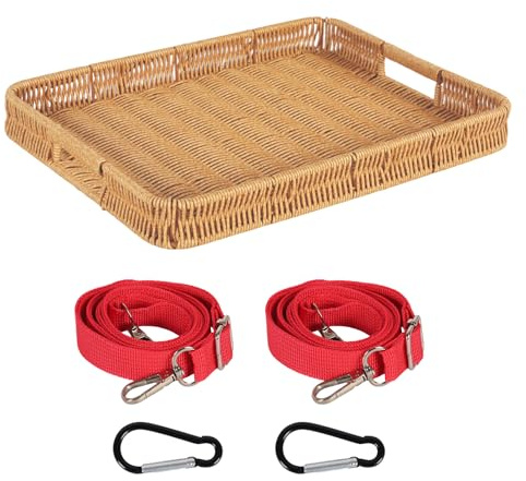 Rectangular Rattan Woven Serving Tray, 40 x 30 x 4.5cm Hand-Woven Rattan Tray with Handles, Snack Trays with Carrying Strap, for Breakfast Coffee Drinks Snack Candle, for Christmas/Halloween