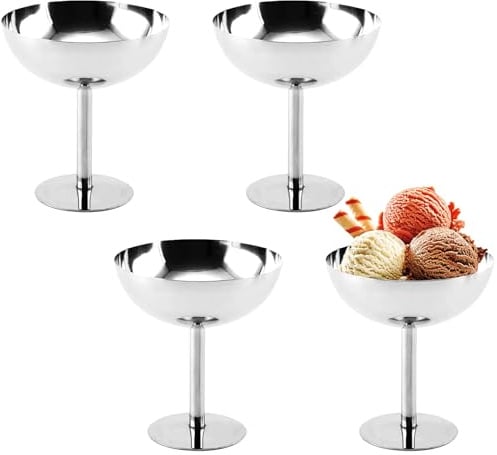 Mocifa 4 Stück Eisbecher Edelstahl Silber, 300 ml, für Eis, Dessert | Eisschalen Edelstahl mit Fuß, Dessertschale Silber, Eiscreme Becher, 10.7x11.5cm, Eiscreme Schalen, für Pudding, Salat, Snack