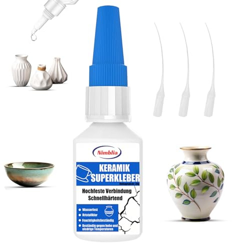 Nimblia Keramikkleber Extra Stark 30g, Transparenter Sekundenkleber für Keramik, Porzellan, Glas, Fliesen, Vasen & Figuren, Wasserfester Superkleber für Reparatur, mit 3 Präzisionsspitzen