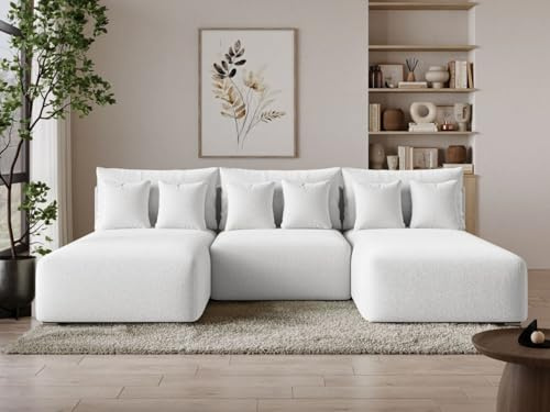 GRAINGOLD Ronni U Ecksofa mit Schlaffunktion und Bettfunktion, 300x190 cm, U-Form Sofa, Schlafcouch für Wohnzimmer, Bouclé-Stoff, 5-Sitzer Wohnlandschaft, Ecksofa mit Stauraum (Weiß)