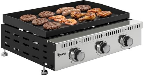 Outsunny Gas-Plancha 9 kW, 3 Brenner aus Edelstahl, Kochfläche 56,5 x 33 cm mit Fettauffangschale, Propangas/Butangas/Flüssiggas, tragbar für Camping, Picknick und Terrasse, schwarz