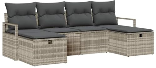 Foknhdi Gartensofa Set 6-teilig Hellgrau Poly-Rattan 230x117x85 cm wetterfest modularer Stauraum balkontauglich für Terrasse Balkon Garten