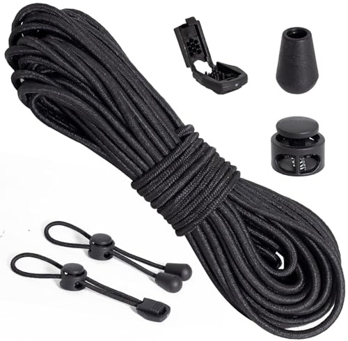 FamlTol Gummischnur 3mm 12m Set inkl 60 Zubehör 20 Kordelstopper 20 Seilklemmen 20 Endkappen elastische Gummikordel für Camping Rucksack Kleidung Schuhe DIY Reparatur (Schwarz)