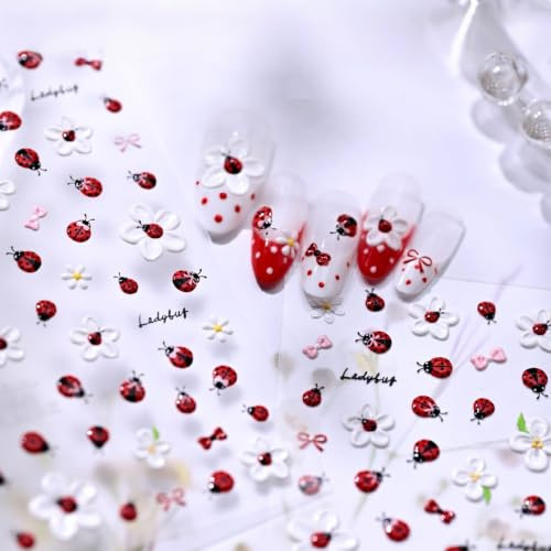 Glamoreal 5D Embossed Cute Ladybug Nail Stickers with Floral Pattern for Nail Art, Ladybug Flower Nail Stickers, Bow Nail Stickers in White with Floral Pattern