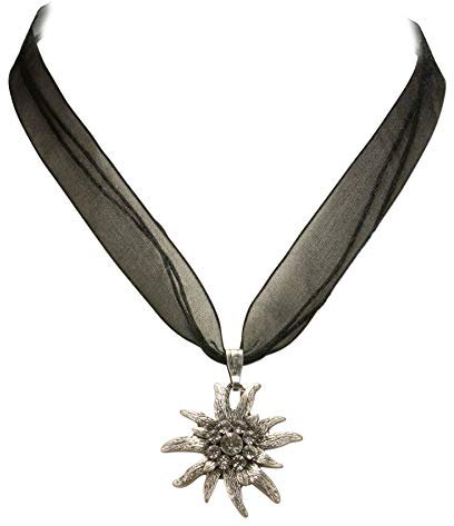 Heimatflüstern Trachtenkette Organzaband mit Strass-Edelweiß - Damen Dirndlkette, Organzakette Edelweiss für Trachtenbluse und Lederhose, Dirndl-Schmuck Kristallstein fürs Oktoberfest (schwarz)