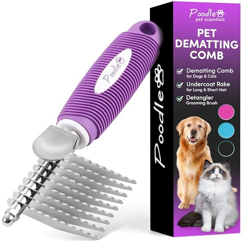 Poodle Pet - Cepillo de rastrillo para desenredar el pelo con cuchillas largas de seguridad de acero de 2.5 pulgadas para desenredar el pelo mate o anudado, accesorios de aseo seguros para perros,