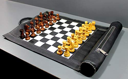 Stonkraft 19 x 15 Schachbrett Größe 12 x 12 echtes aufrollbares Leder-Schachspiel mit Schachfiguren aus Holz (Schwarz) - Leather Chess with Innovative Carry Pouch