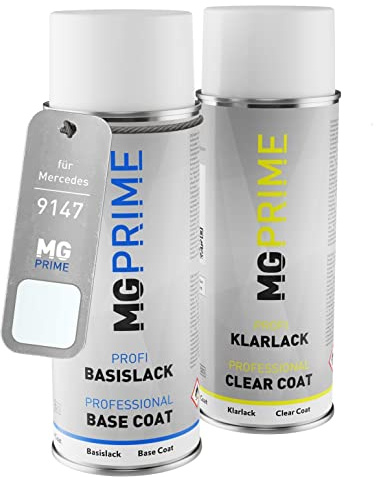 MG PRIME Autolack Spraydose für Mercedes 9147/147 Arktikweiss + Klarlack | Arctic White, Set aus Basislack + Klarlack, Sprühdosen 400ml
