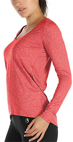 icyzone Damen Laufshirt Langarm Sport Shirt Atmungsaktive Langarmshirt Fitness Top Oberteil mit Daumenloch (S, Orange)