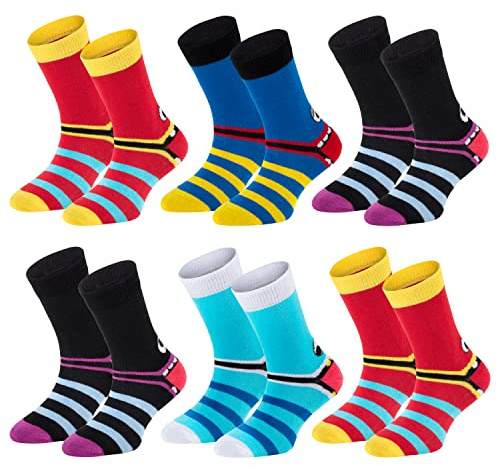 TippTexx 24 Kinder Socken, handgekettelt, 6 Paar für Mädchen/Jungen, weiche Baumwolle, viele Muster (Freche Bande, 7-8 Jahre)