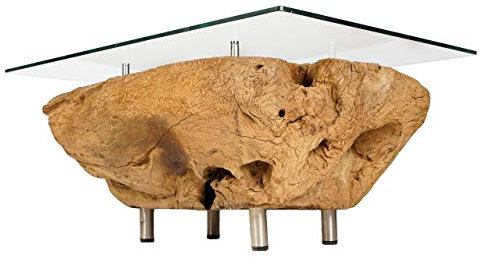 Windalf Historischer Premium Couchtisch Elvira h: 46 cm Sideboard aus Teakholz mit Glasplatte Fernsehtisch Unikat Handarbeit Wurzelholz