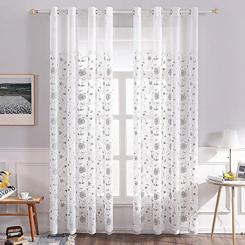 MIULEE Gardinen 2er Voile Blumenstickerei Ösen 245x140cm Grau | Transparente Voile mit zarter Blumenstickerei und Ösen, lichtdurchlässig und dekorativ für Wohn- und Schlafzimmer
