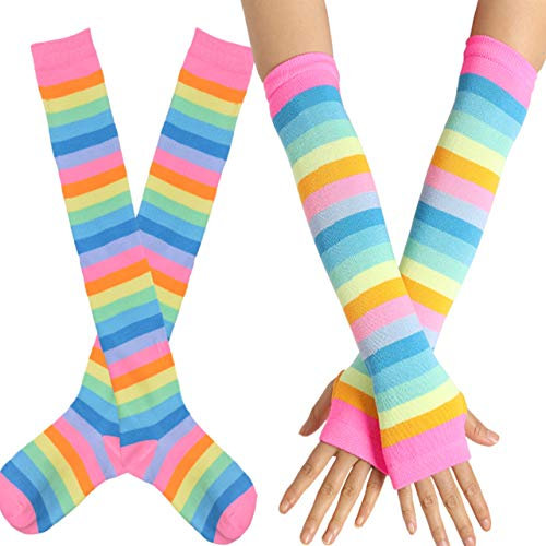 CHIC DIARY Fingerlose Armstulpen Kniestrümpfe Regenbogen Bunte Streifen Handschuhe Overknee Strümpfe Cheerleader Karneval Kostüm