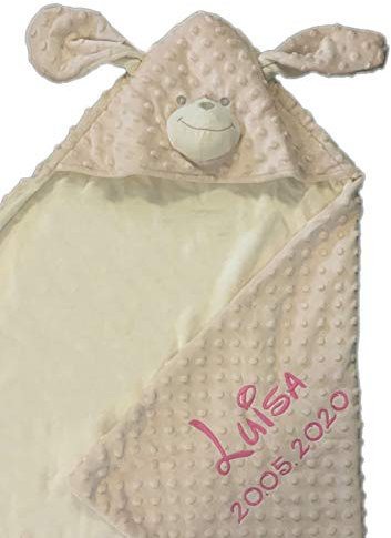 Kapuzendecke/Kapuzentuch mit Name u. Geburtsdatum Bestickt/Kapuzen Decke aus Nicki/Noppen - kuschelig warm / 75 x 75 (Beige/Hund)