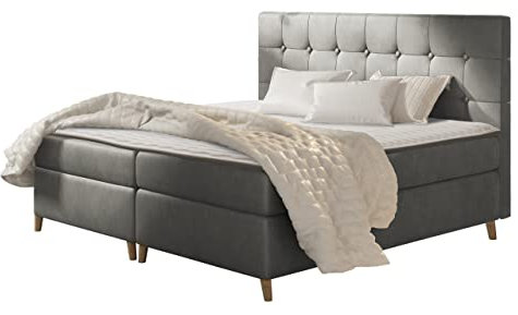 Boxspringbett Abenaki, Amerikanisches Continentalbett mit 2 Bettkästen, Holz Fuße, Doppelbett mit Lattenrost und Matratze, Bett mit Kopfteil Polsterbett Bettgestell (Magic Velvet 2217, 180 x 200 cm)