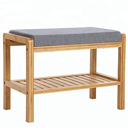 BAKAJI Panca Scarpiera Portascarpe Ingresso Casa con Ripiano Porta Scarpe in Legno di Bambù Panchina con Cuscino Imbottito in Tessuto grigio Dimensione 60 x 32 x 44 cm