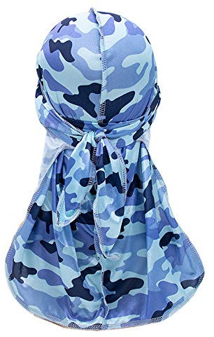 Treer Seide Kopftuch Herren Damen Modische Hip-Hop Tarnung Durag mit Long Tail, Piratenkappe Unisex Einstellbar Stirnband Kopfbedeckung Bandana Fahrrad Motorrad Headwraps (100cm,Blau)