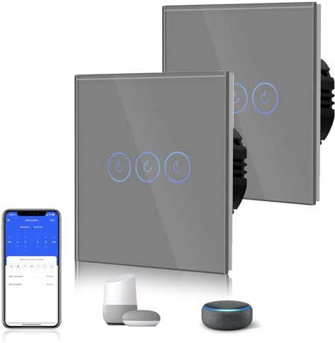 BSEED Smart Light Switch,Touch Switches for Lights,Glass Panel with Backlit,Works with Alexa & Google Assistant,Neutral Wire Required,3 Gang 2 Way(2 Pack),86mm Grey